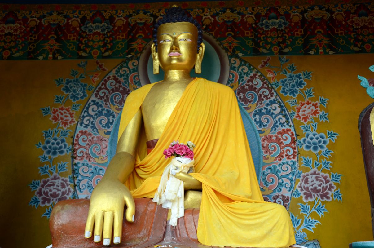 Pokhara Karma Dubgyu Chokhorling Monastery 04 Shakyamuni Buddha Statue Close Up In The Garden At The Entrance Pathway 